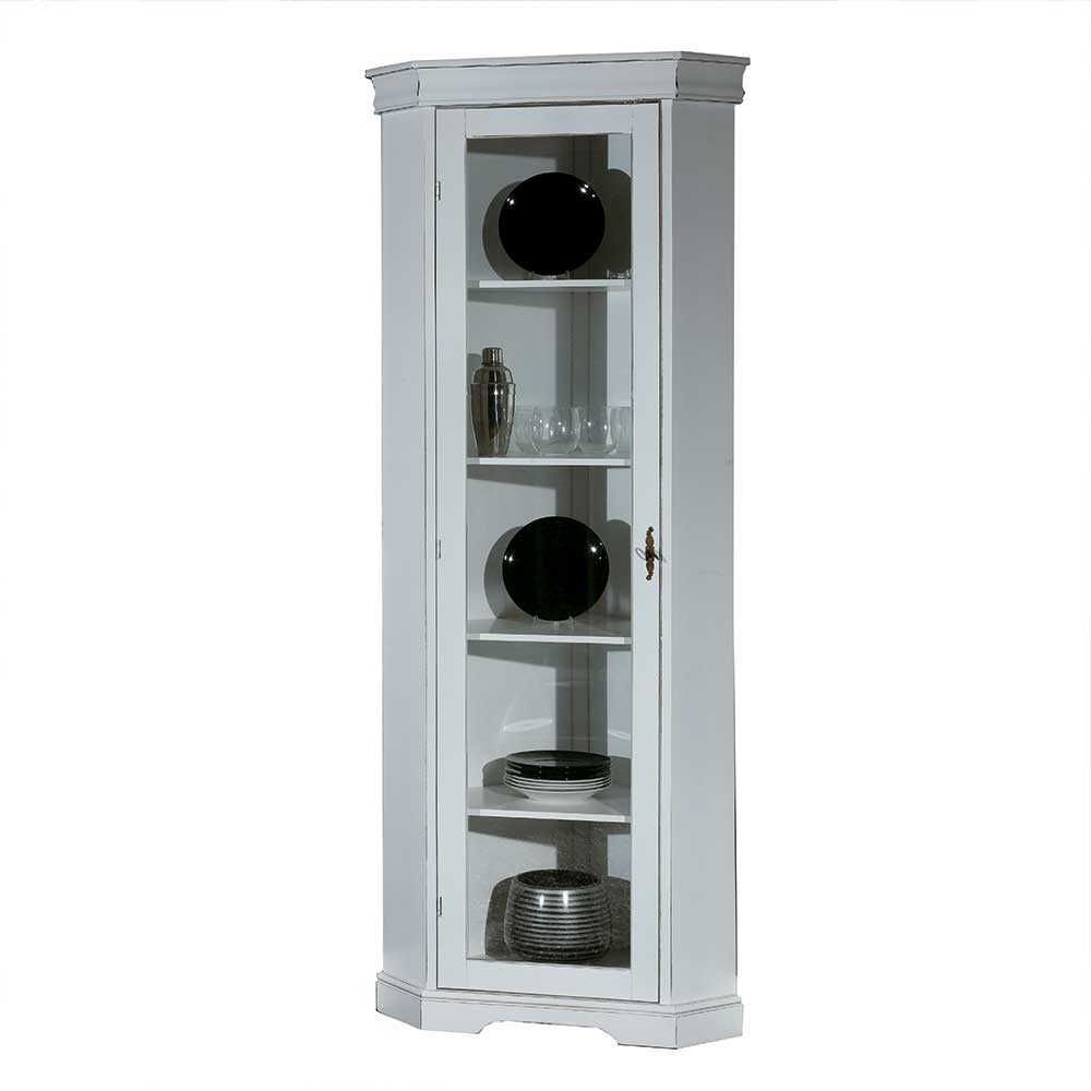Elegante weiße Eckvitrine mit Glastür und Regalböden im Landhausstil für Wohnzimmer – Zarinas