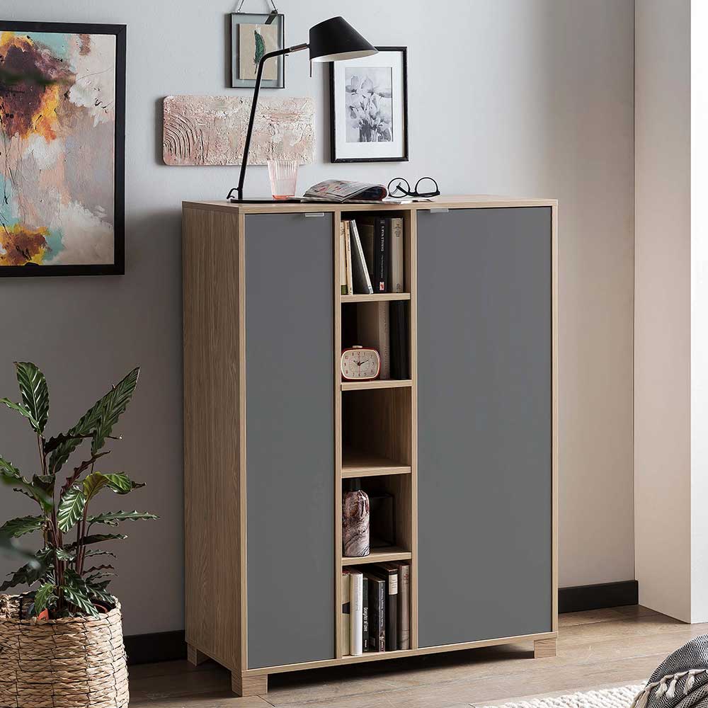 Modernes Highboard in Dunkelgrau & Eiche Hell - Vonza