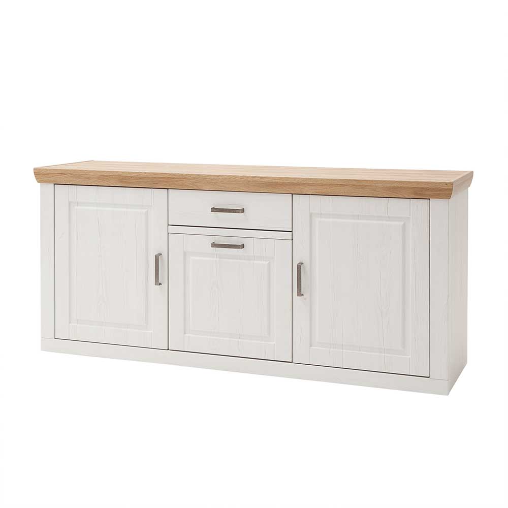 Modernes weißes Sideboard mit heller Holzplatte und drei Schranktüren für Möbel – Samula