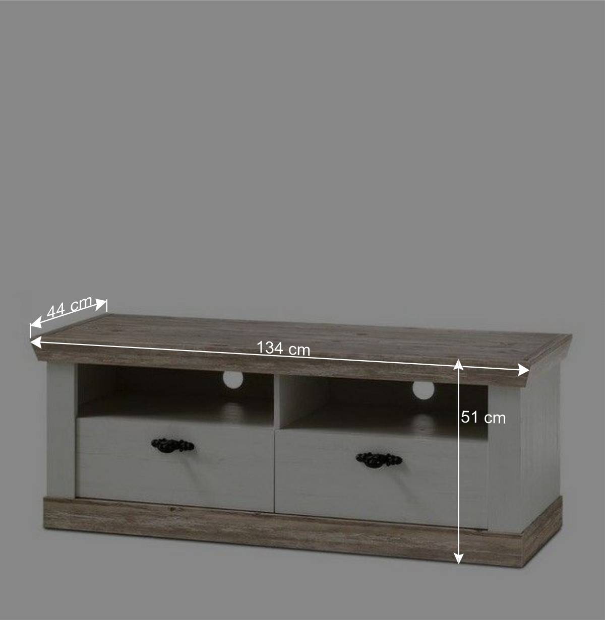 Landhaus TV Element in Weiß & Pinie Shabby Nedita mit 2 Schubladen