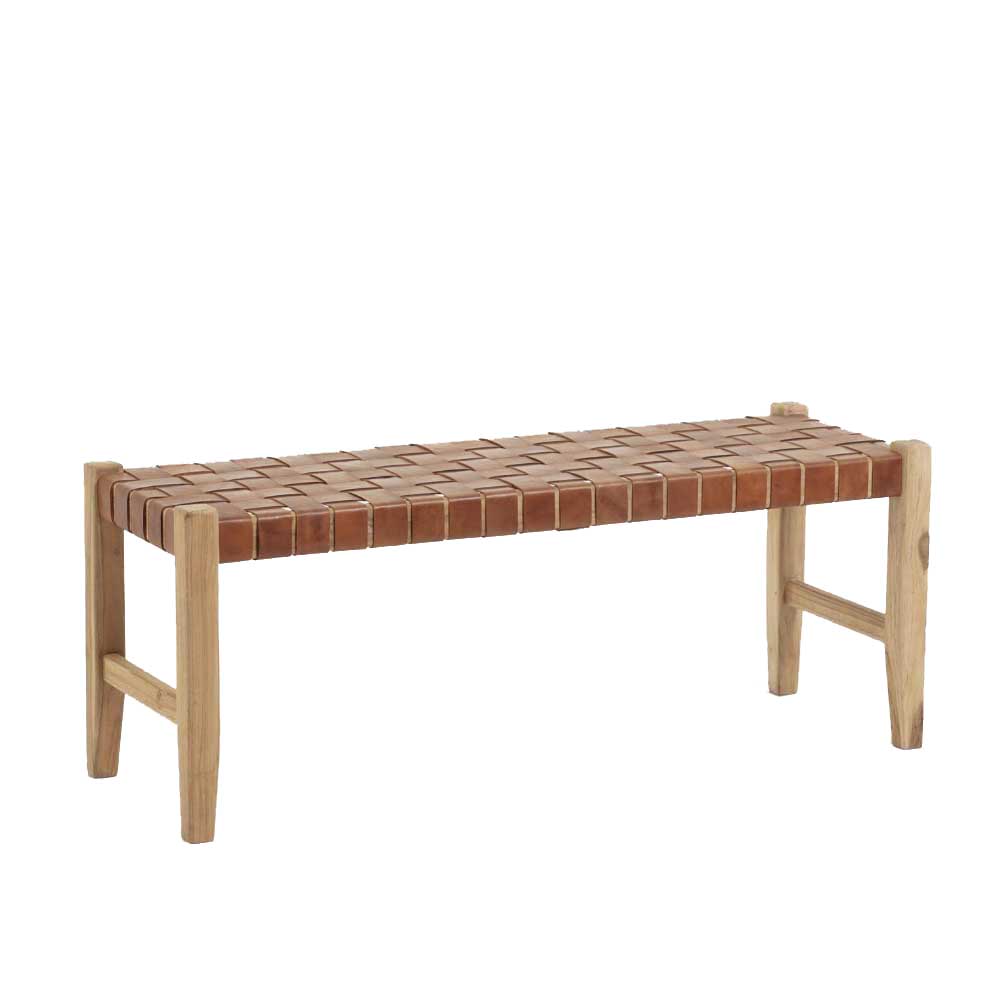 Urige Holzbank mit Leder Geflecht Sitz - Crespa (2er Set)