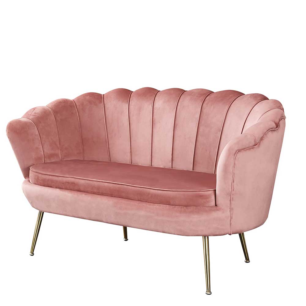 Rosa Samtsofa im Retro-Design mit goldfarbenen Metallfüßen für das Wohnzimmer – Cariba