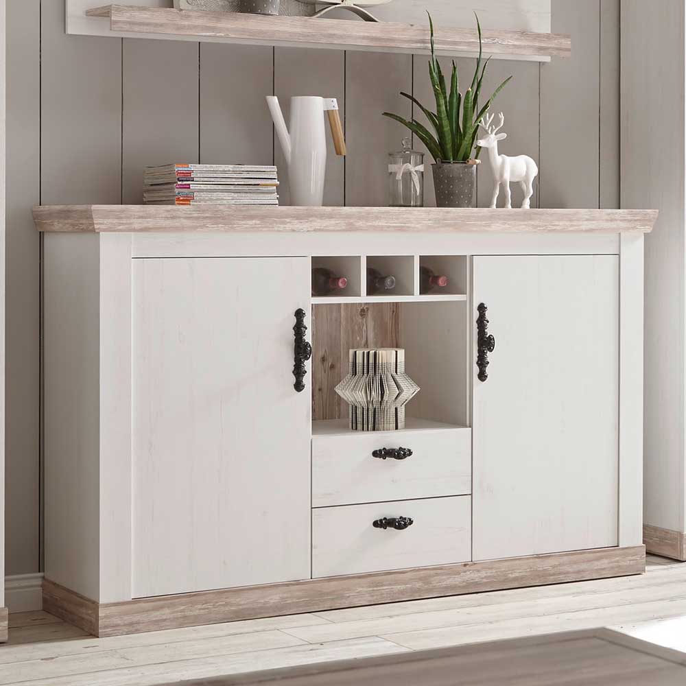 Landhaus Wohnmöbel Set mit Sideboard Nedita in Weiß mit Pinie Shabby (vierteilig)