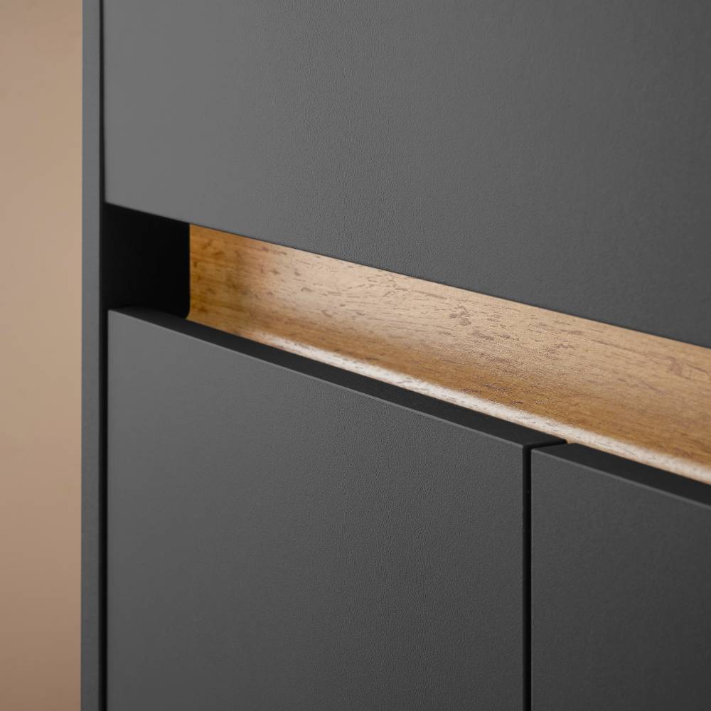 Anthrazitfarbener Badschrank mit horizontalem Eichenholz-Akzentstreifen und grifflosen Schubladen – Ahilav