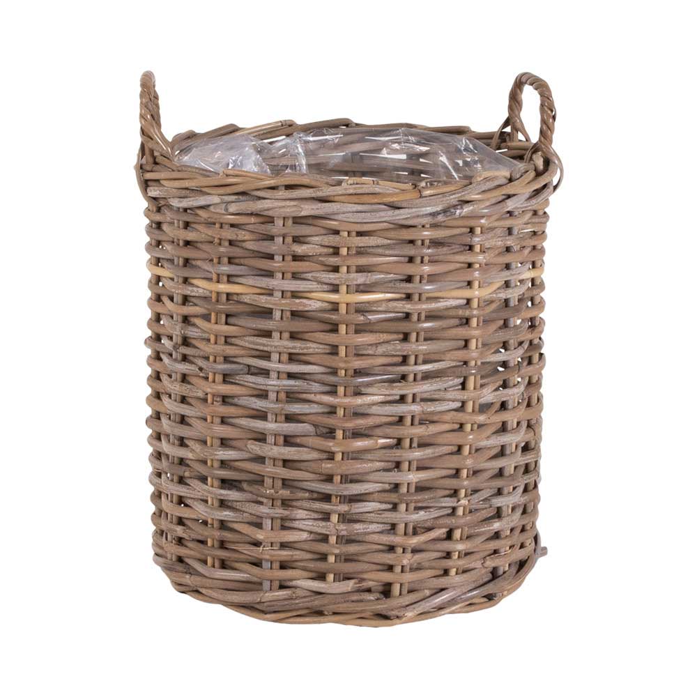 Hoher Kubu Rattan Korb in Braun mit Griffen und Kunststoff-Inlay als Pflanzkorb – Veracruz