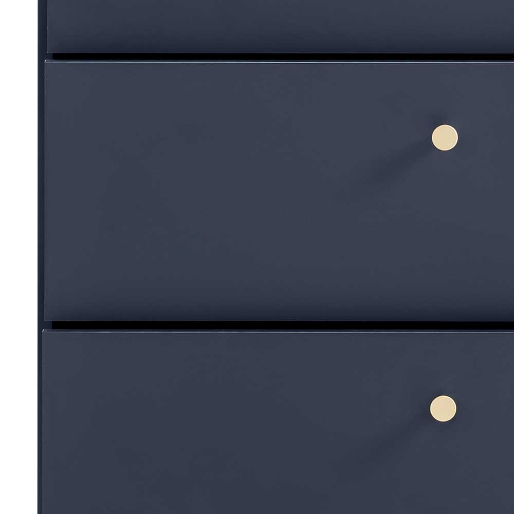 Zwei Schubladen der dunkelblauen Kommode mit goldfarbenen Griffen – Inbano