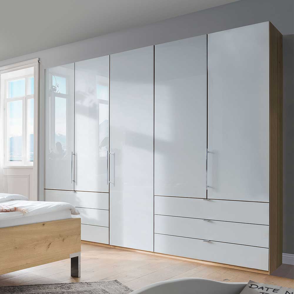 Großer Kombi-Schlafzimmerschrank in Weiß und Eiche Bianco modern im Schlafzimmer – Nuetran