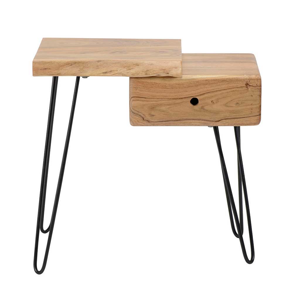 Design Nachttisch aus Holz mit Schublade und schwarzen Haarnadelbeinen – Olegano