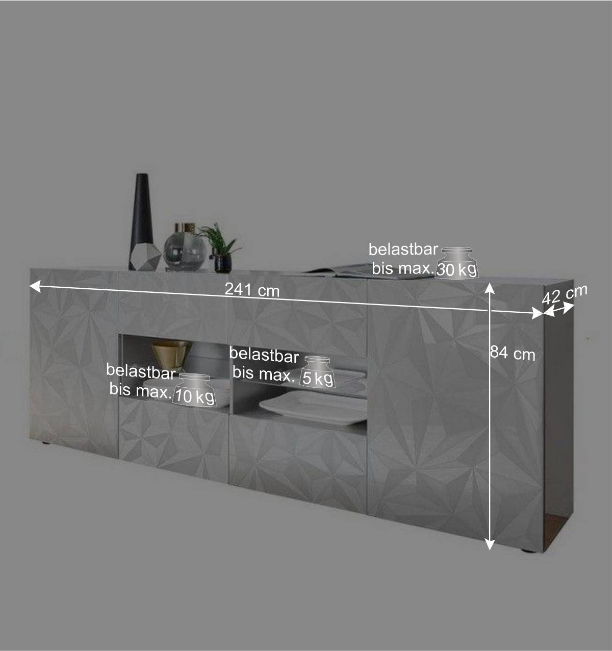 241 cm breites Sideboard in Weiß HG - Vovasoma