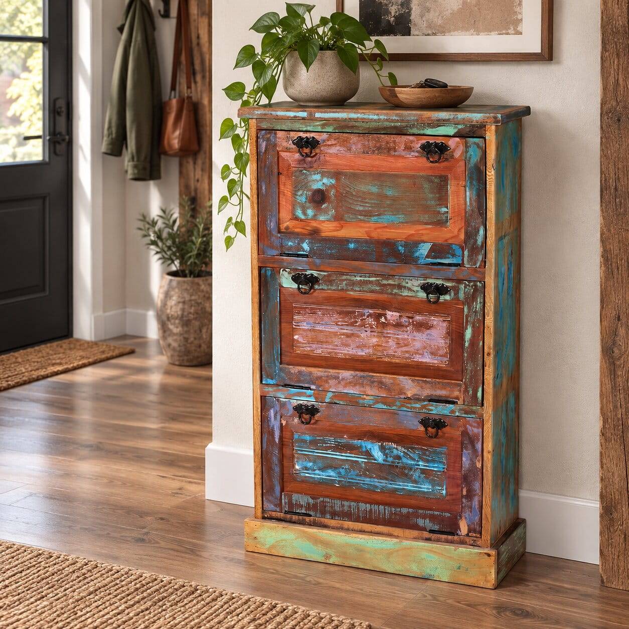 Dreifach Klappen Schuhkommode aus recyceltem Holz im Shabby Chic Design für den Flur – Jamaica