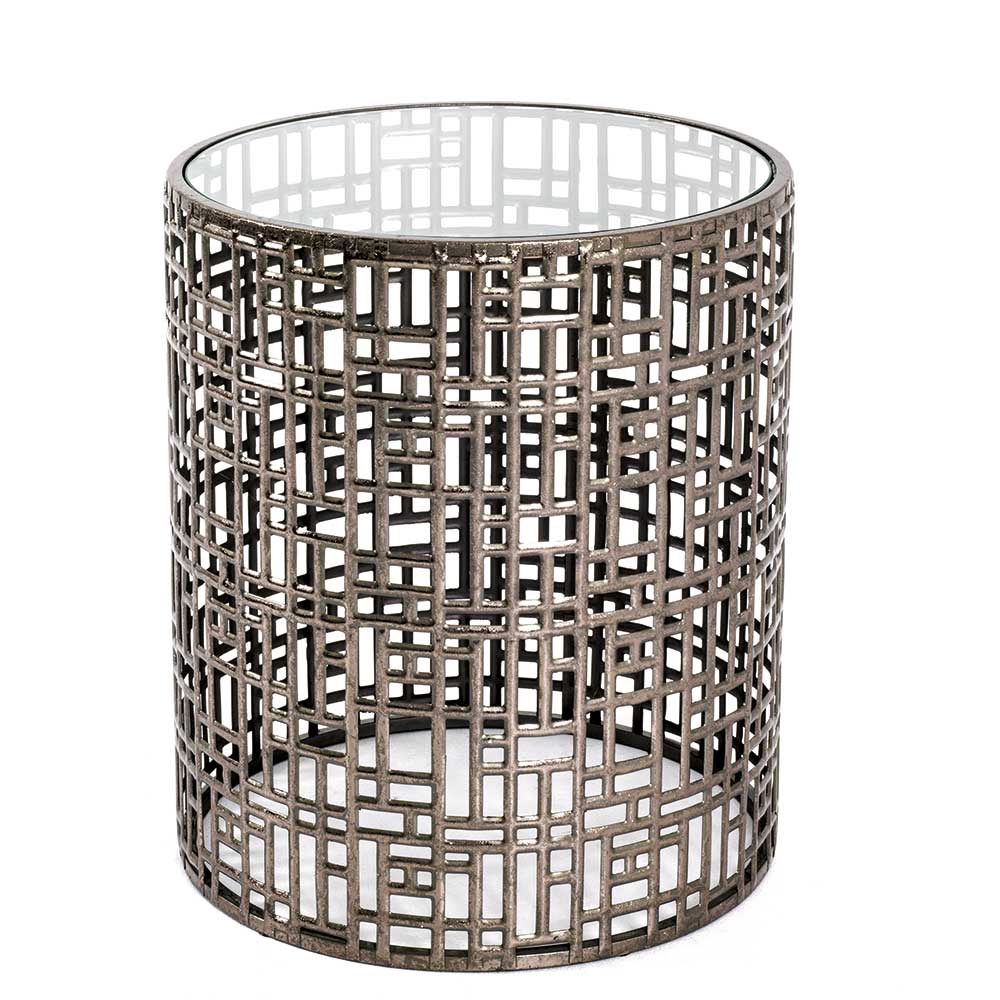 Eleganter runder Design Beistelltisch mit glänzender Glasplatte und filigranem Metall – Susanne