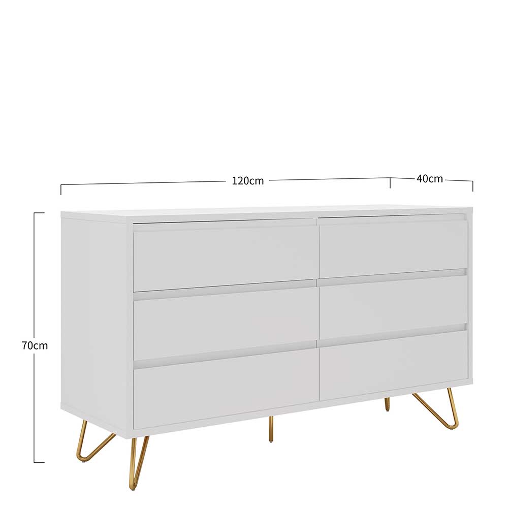120x70x40 Weiße Kommode mit Metallfüßen in Gold - Pestrov