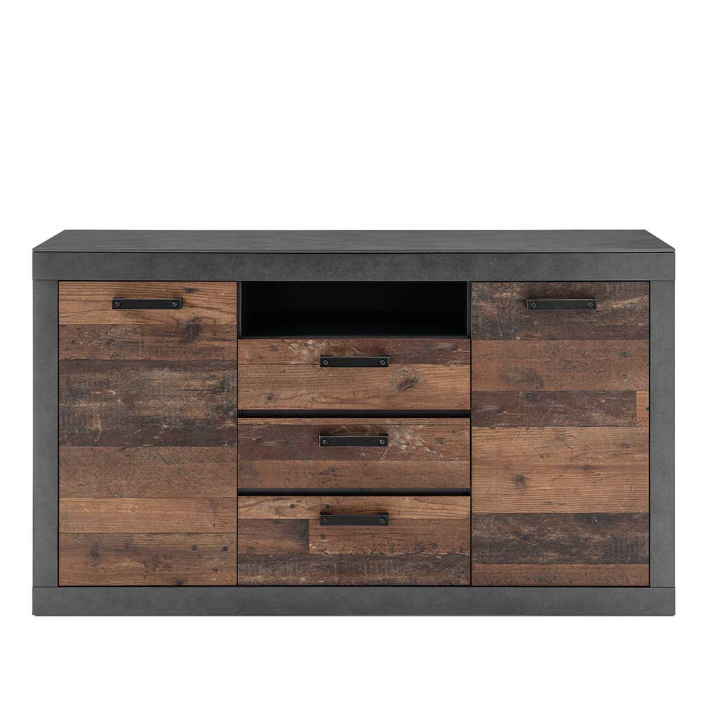 Kombi Sideboard mit Sockel in dunklem Grau und Altholz-Optik, geschlossen – Timuras