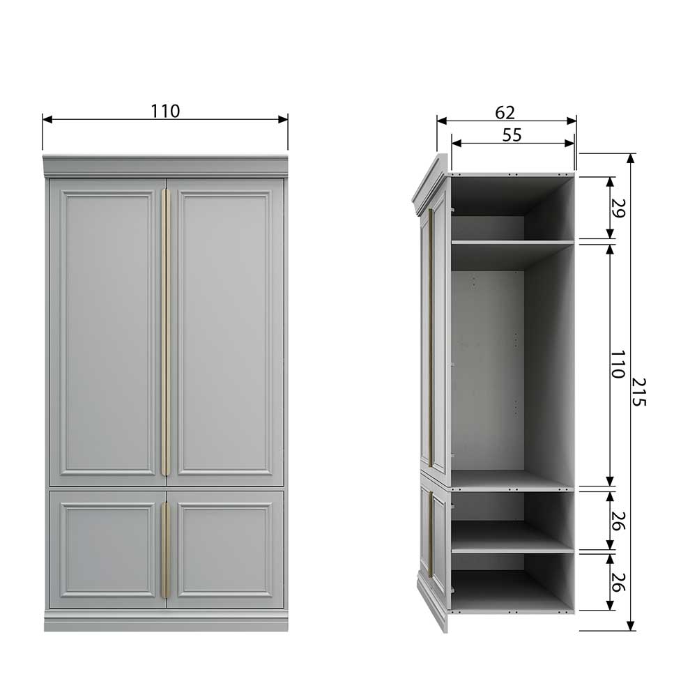 110x215x62 Kleiderschrank in Hellgrau - Emra