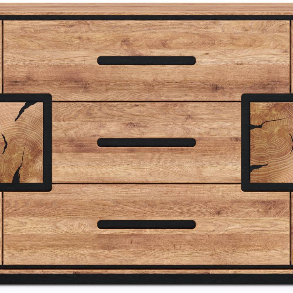 Drei geräumige Schubladen mit schwarzen Griffen und Wildeiche Holzeinsätzen am Sideboard – Shipper