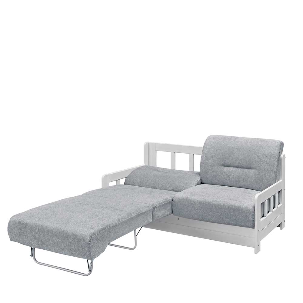 Graues Bettsofa mit weißem Holzgestell und ausgezogener Chaiselongue-Liegefläche – Alberus