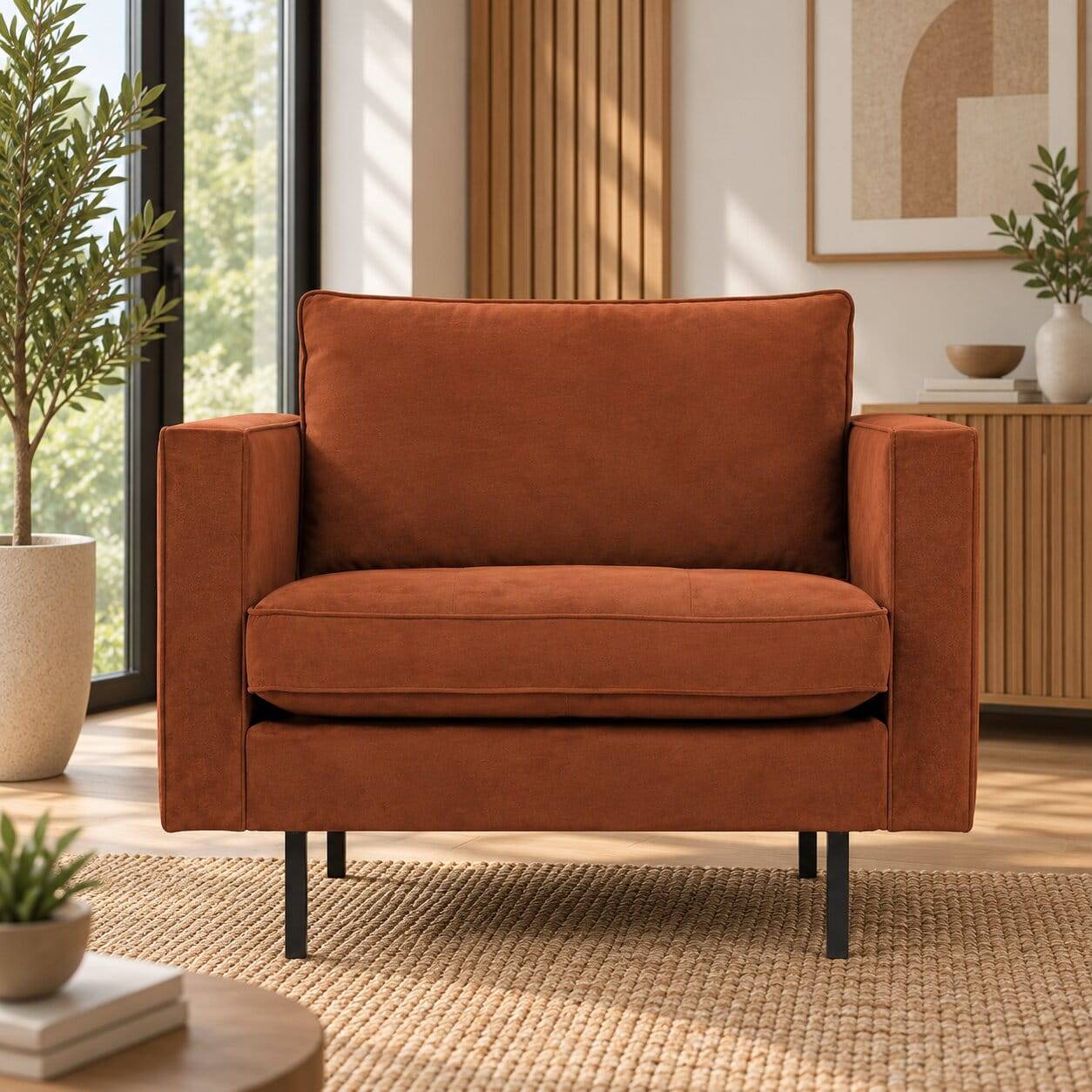 Retro Designsessel in Rost Braun Samt 47 cm Sitzhöhe
