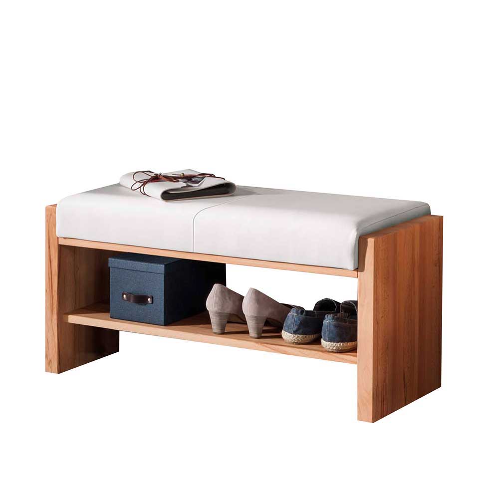 Elegante Sitzbank aus Holz mit Echtlederpolster und offener Ablage für Schuhe – Mandrey