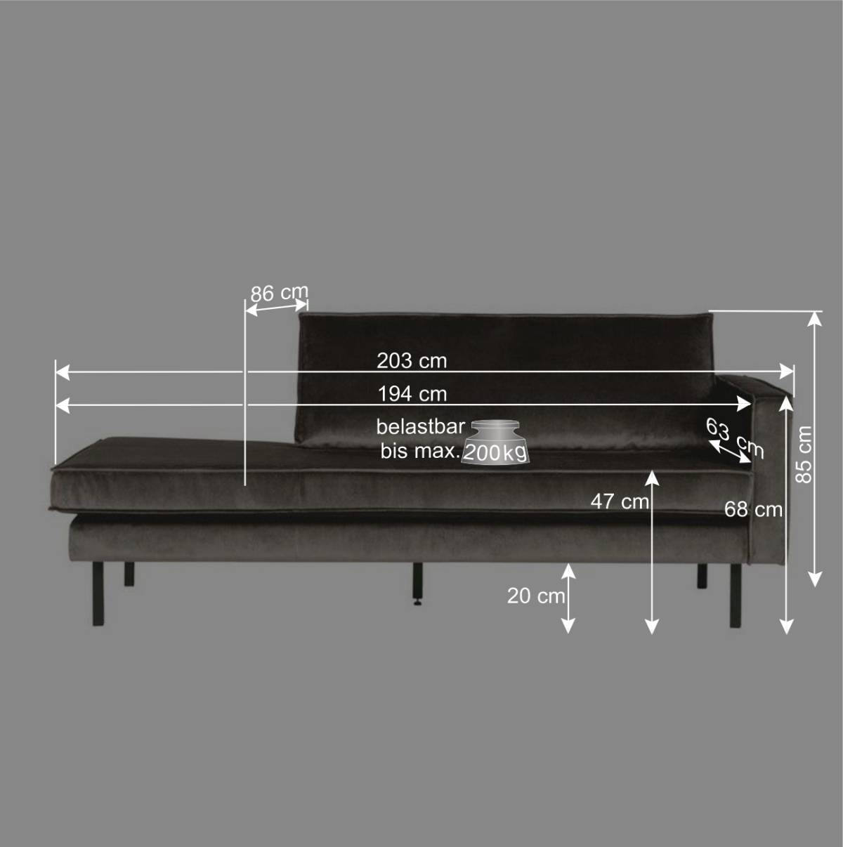 203x85x86 Sofaliege in Blau Samt - Fledos