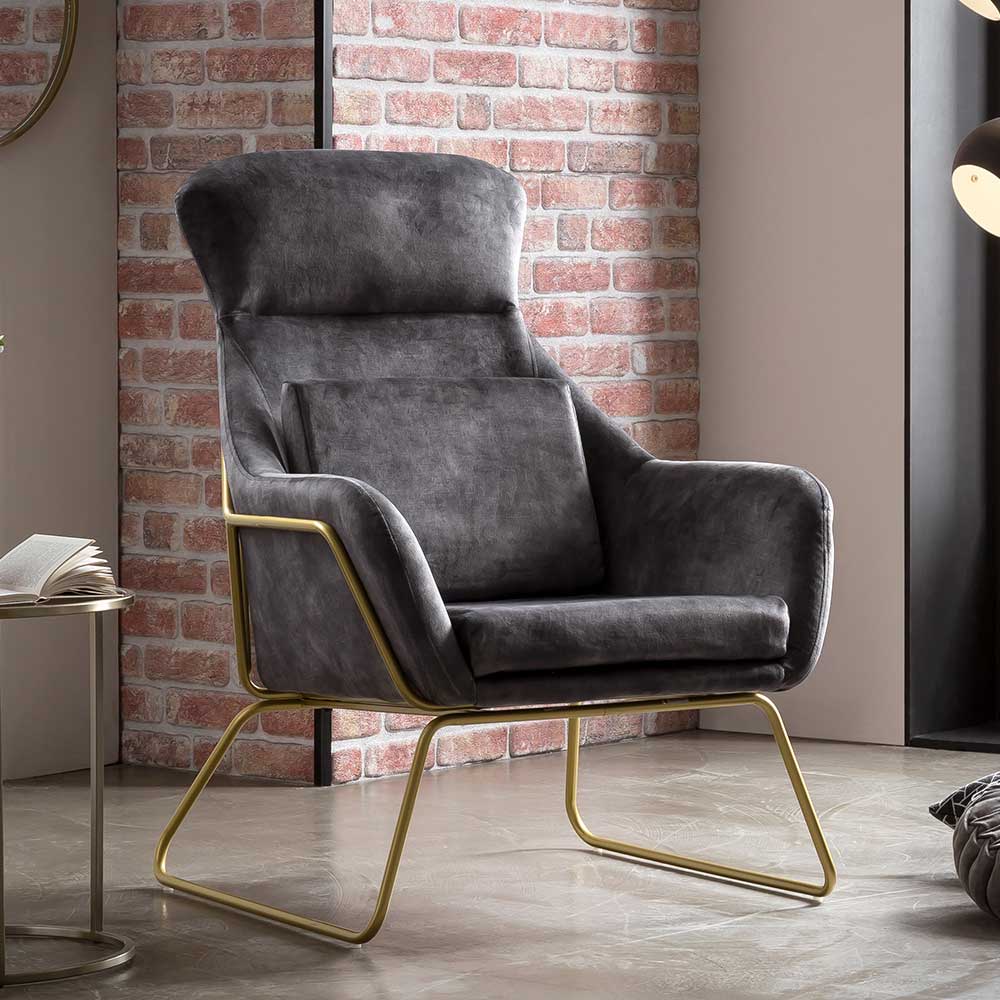 Sessel in Grau Samtvelours & Messing Metall - Henrics