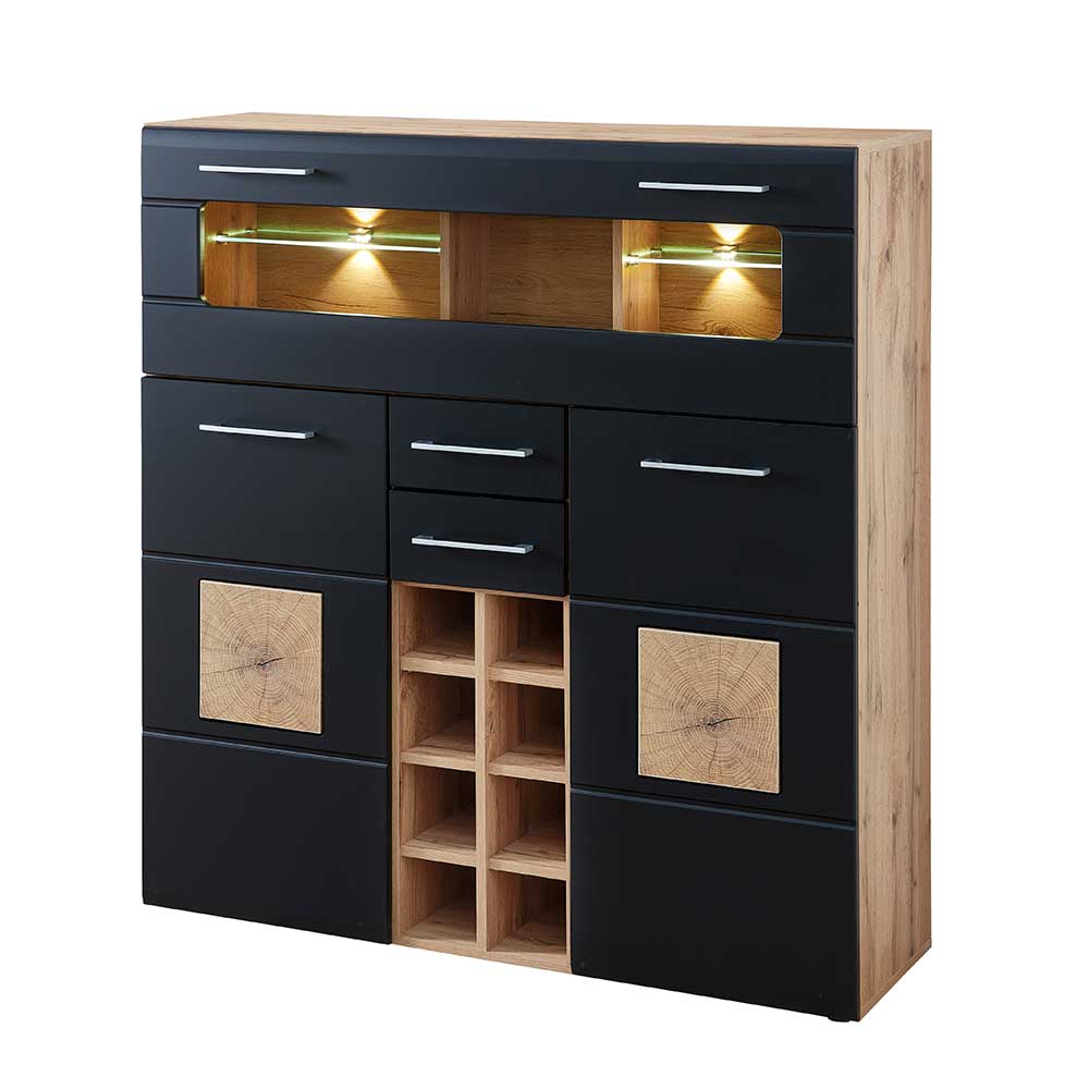 Eleganter Wohnzimmer Barschrank in Schwarz und Wildeiche mit beleuchteter Vitrine und Flaschenregal – Kandu