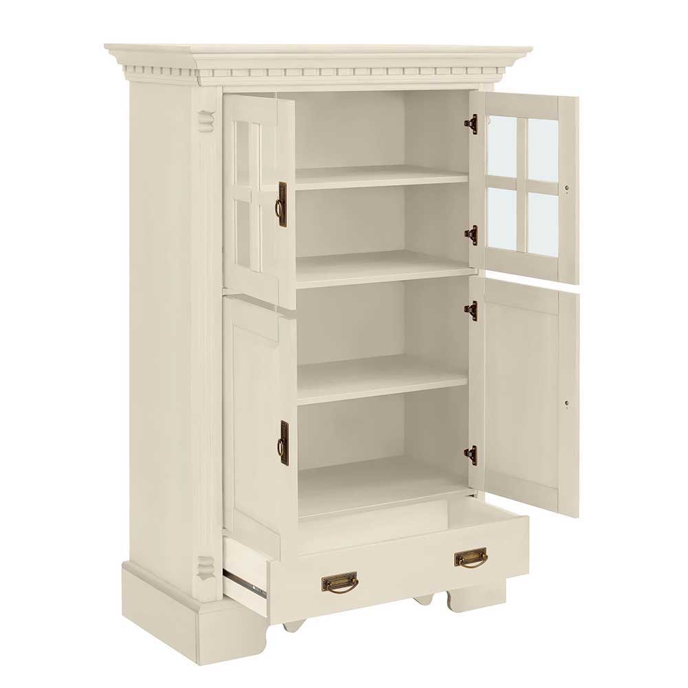 Offenes cremefarbenes Highboard im Landhausstil mit mehreren Fächern und ausziehbarer Schublade – Rospus