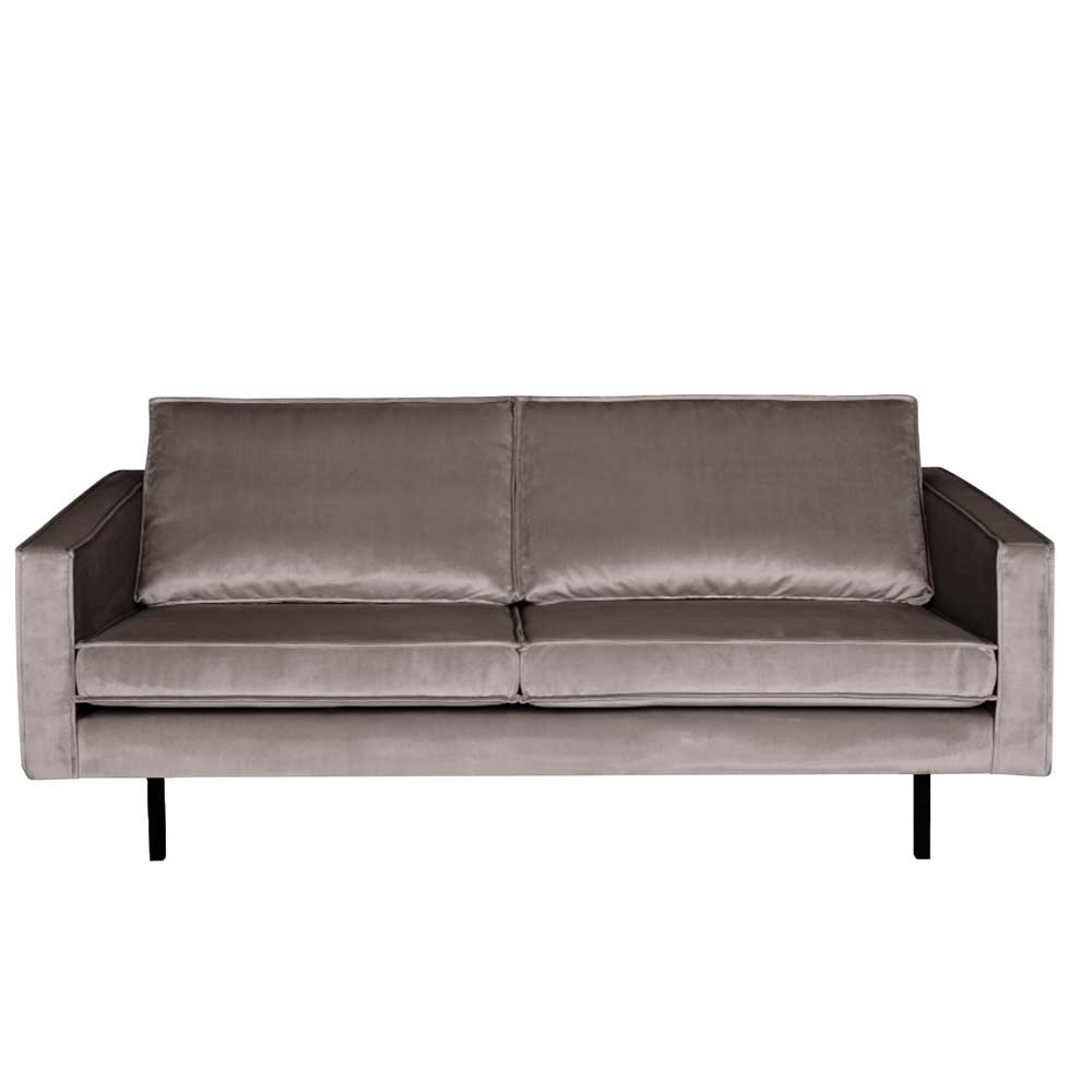 Samt Couch in Taupe als Zweisitzer mit schwarzen Metallfüßen im Retro Design – Museo
