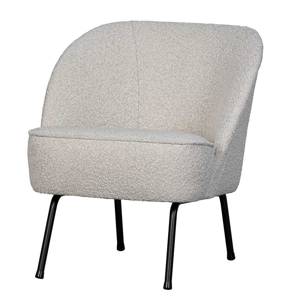 Beigegrauer Boucle Sessel mit runder Rückenlehne und schwarzen Metallbeinen – Jason