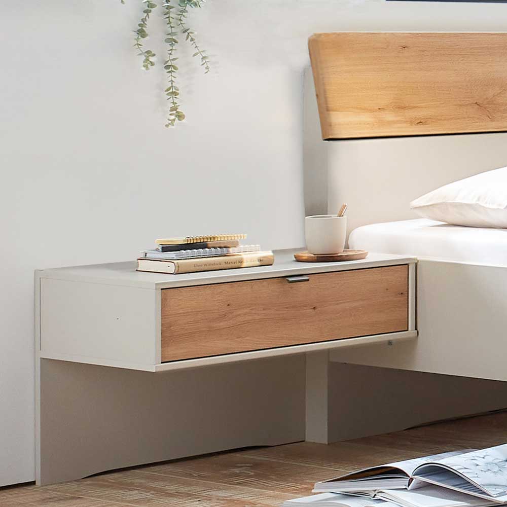 200 cm breites Bett in Beige & Eiche Bianco - Kezmina