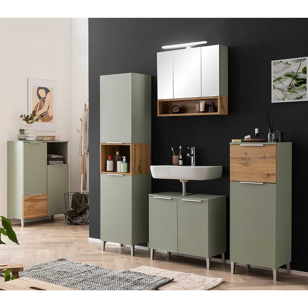 Badezimmer Highboard in Graugrün und Eiche - Liz