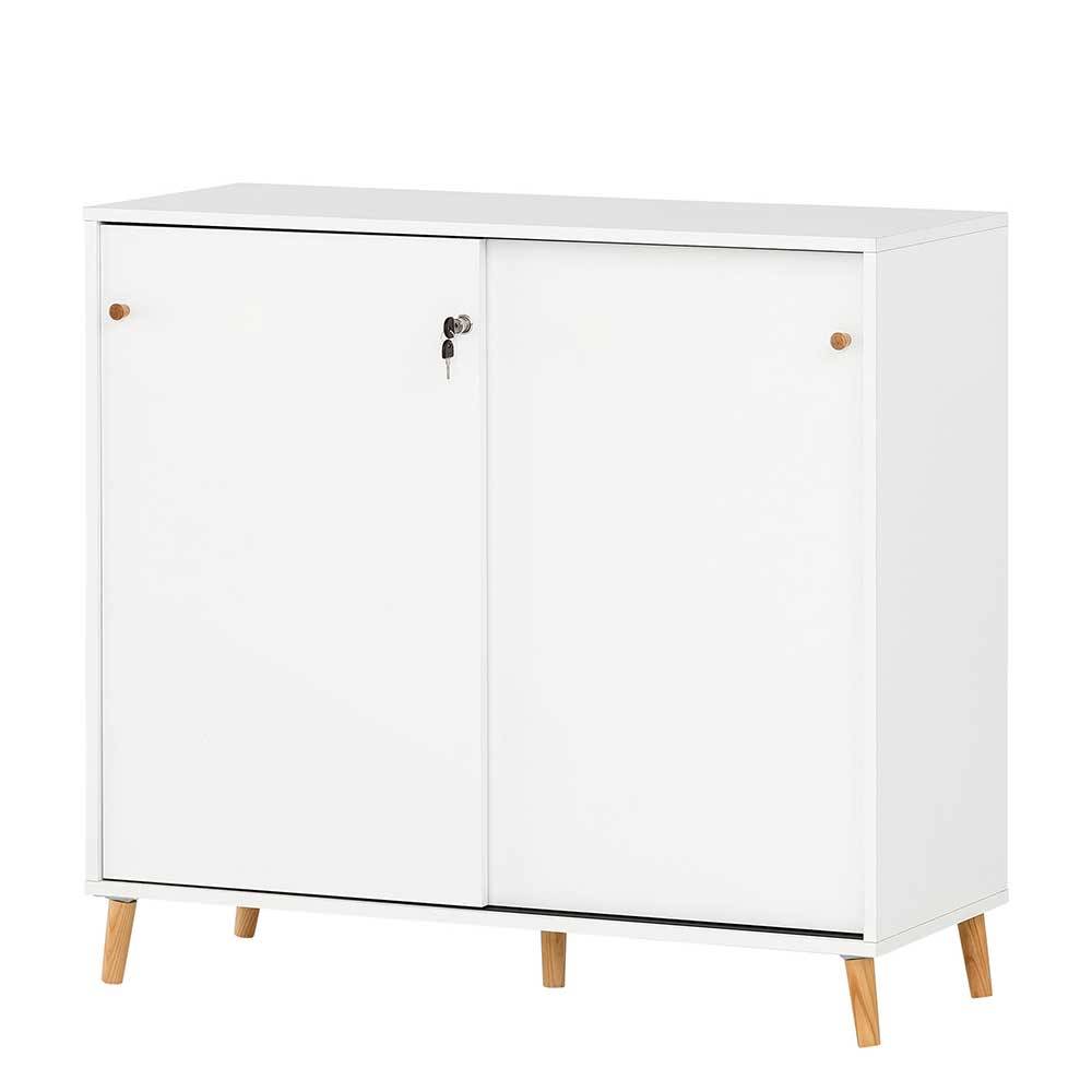 Weißes Sideboard mit zwei Schiebetüren, einem Schloss und runden Holzgriffen – Obtin
