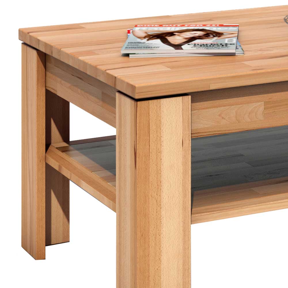 Kernbuche Couchtisch massive Holzplatte mit sichtbarer Maserung und praktischer Ablage – Uhelia