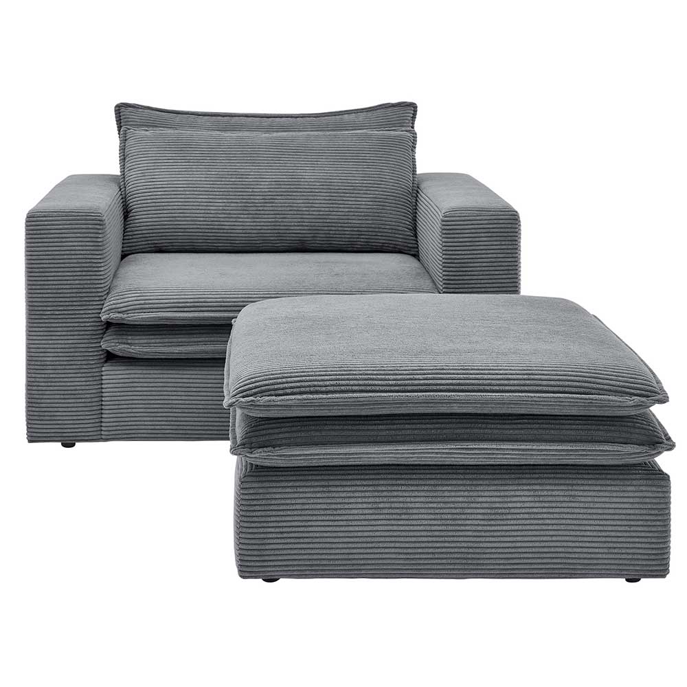 Grauer Cordstoff Wohnzimmersessel und passender Hocker im zweiteiligen Set – Ruffos