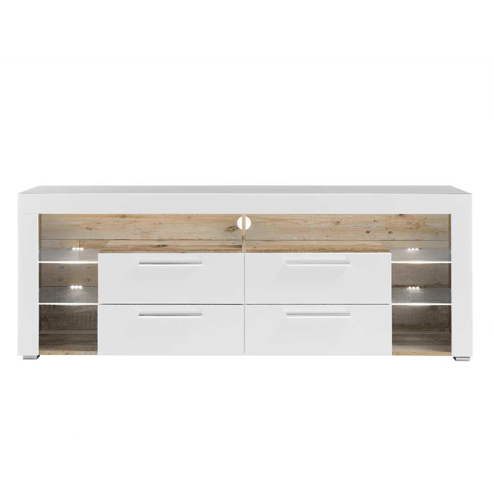 TV Lowboard in Weiß HG & Holz Antik Dekor - Masina