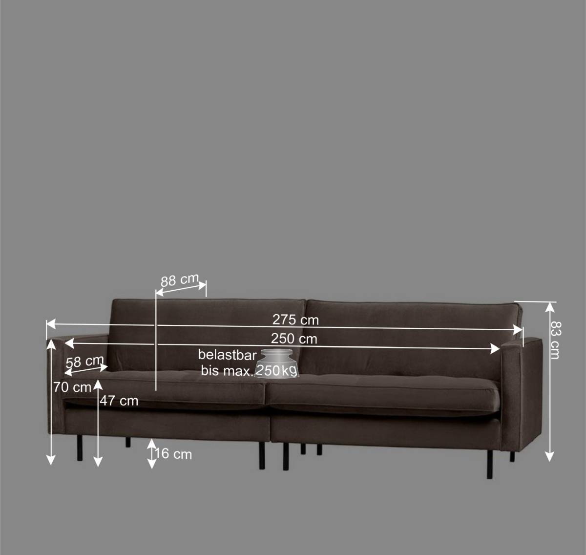 275 cm breite Polstercouch in Kastanienfarben Samt - Enzing