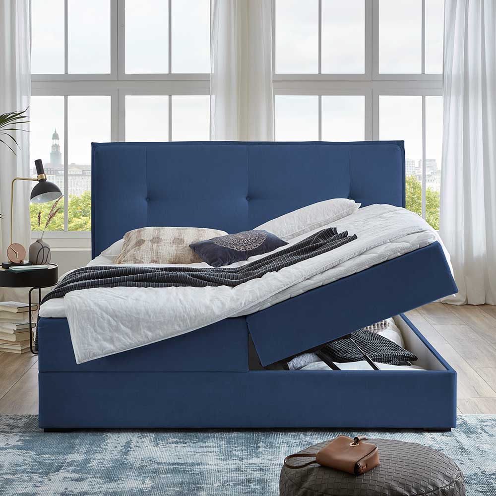 Boxbett Stauraumbett in Blau Webstoff - Vinkoja