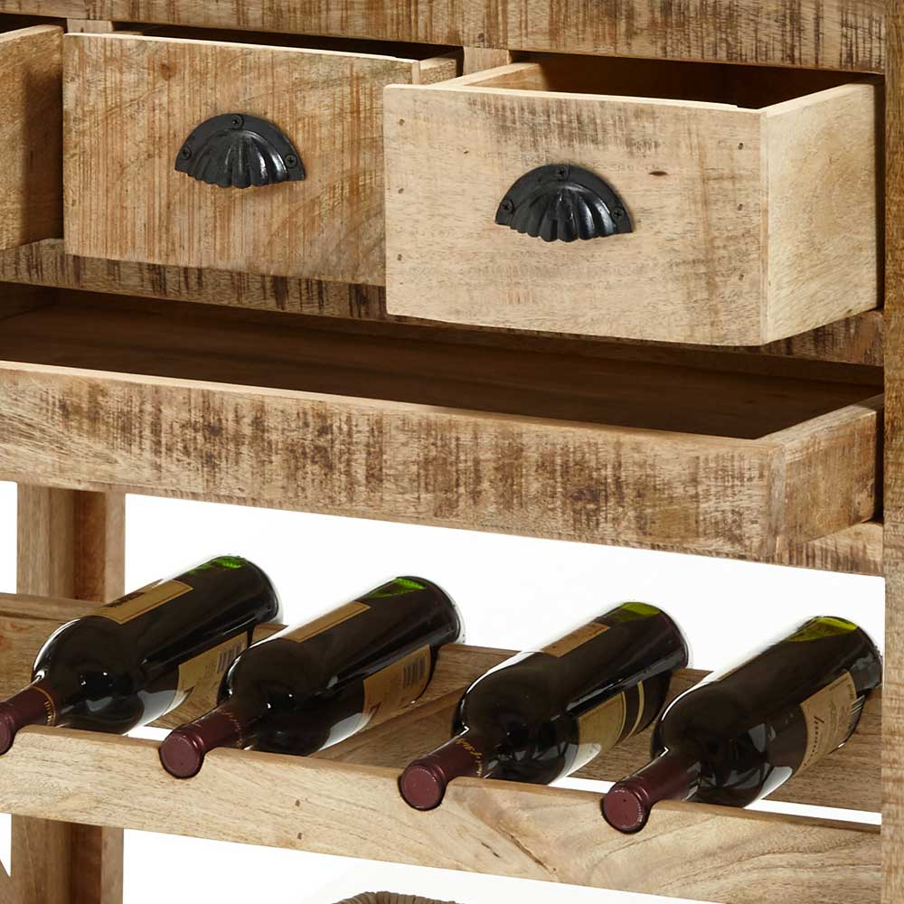 Barwagen mit drei Schubladen und integriertem Weinfach für Flaschen aus massivem Mangoholz – Radulyn
