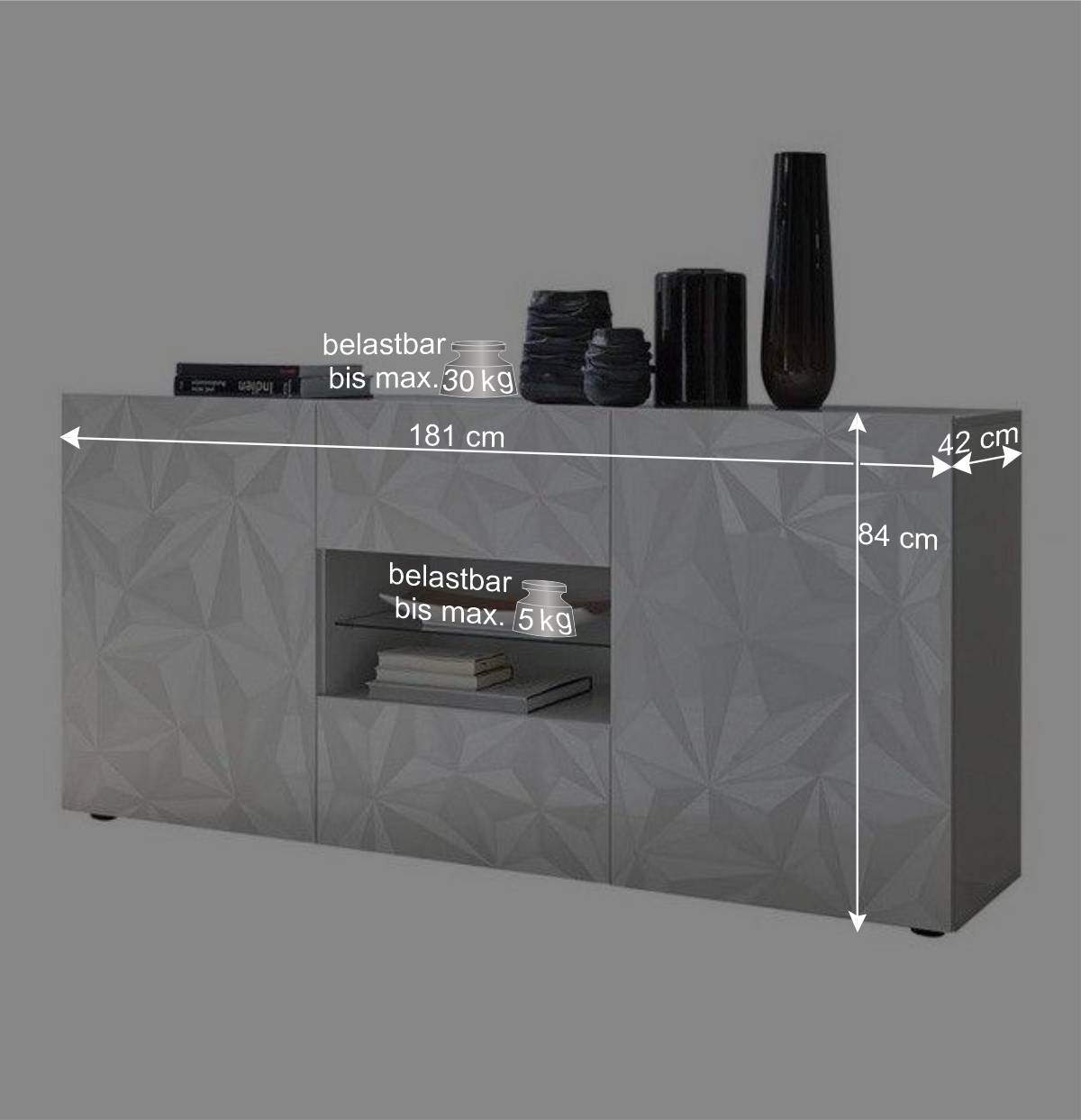 181x84x42 Designer-Sideboard in Glänzend-Weiß - Vovasoma