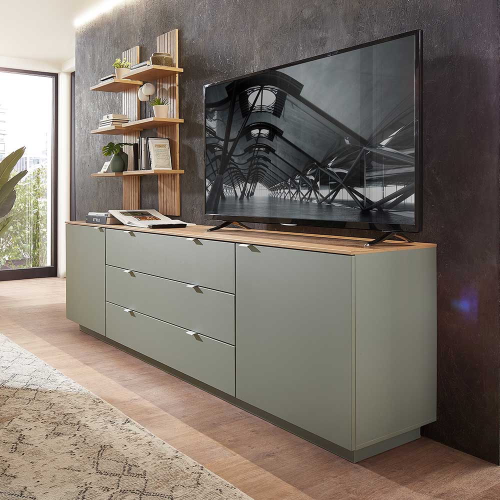 Modernes Sideboard in Salbeigrün mit Holzplatte und TV-Möbel im Wohnzimmer – Yoan