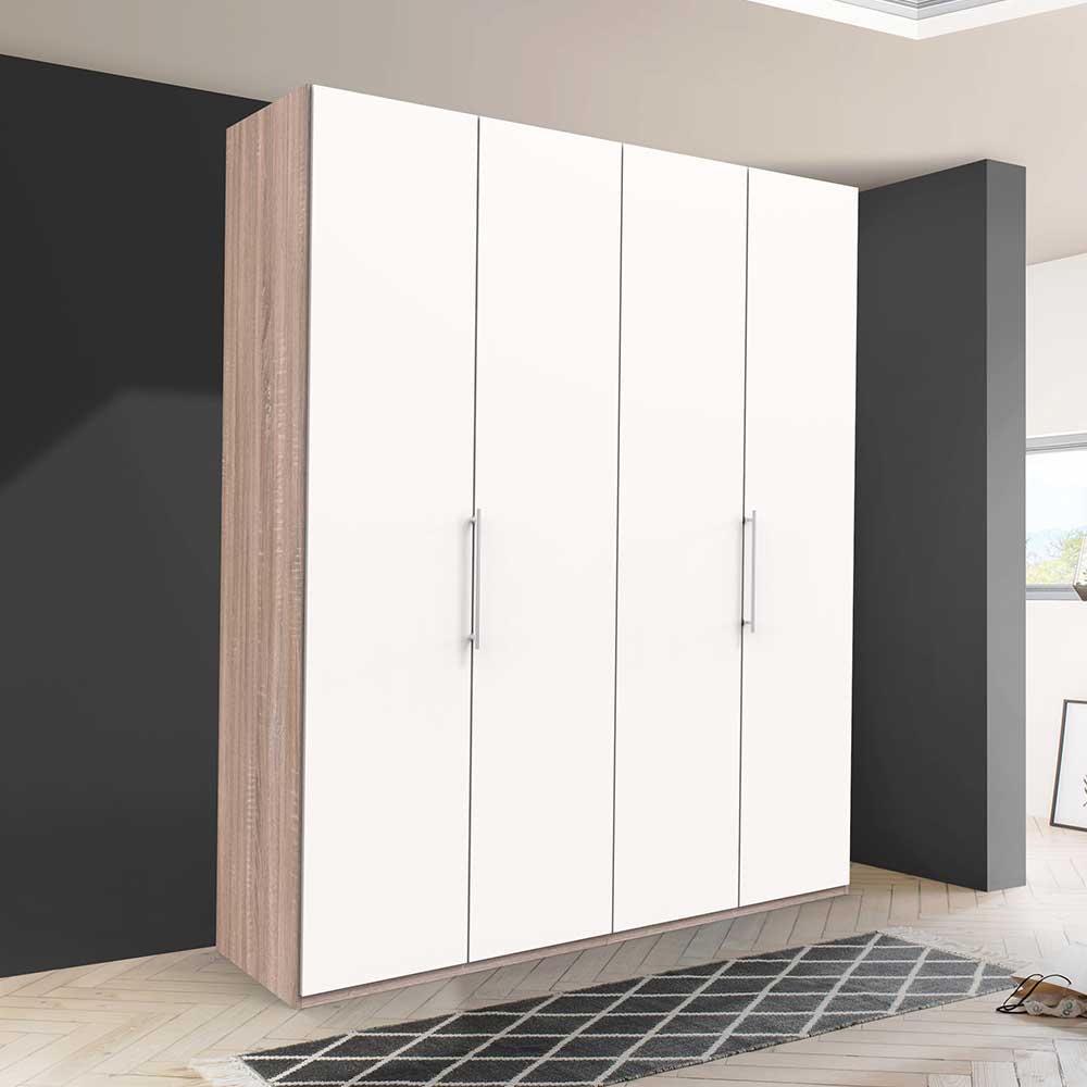 Moderner Falttürenschrank in Weiß Hochglanz und Holzoptik mit langen Metallgriffen für das Schlafzimmer – Vaclyn