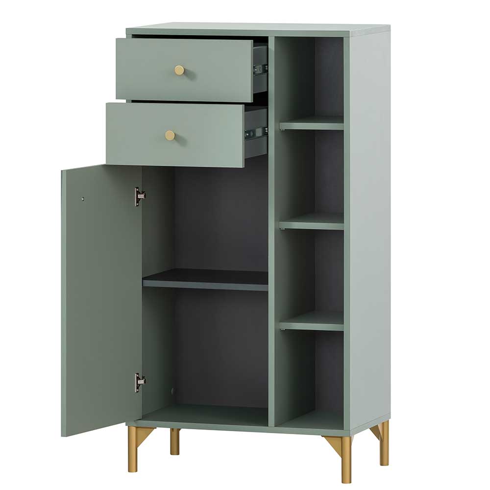 Graugrünes Badezimmer Highboard mit offener Tür, zwei Schubladen und goldenen Beinen – Vilatata