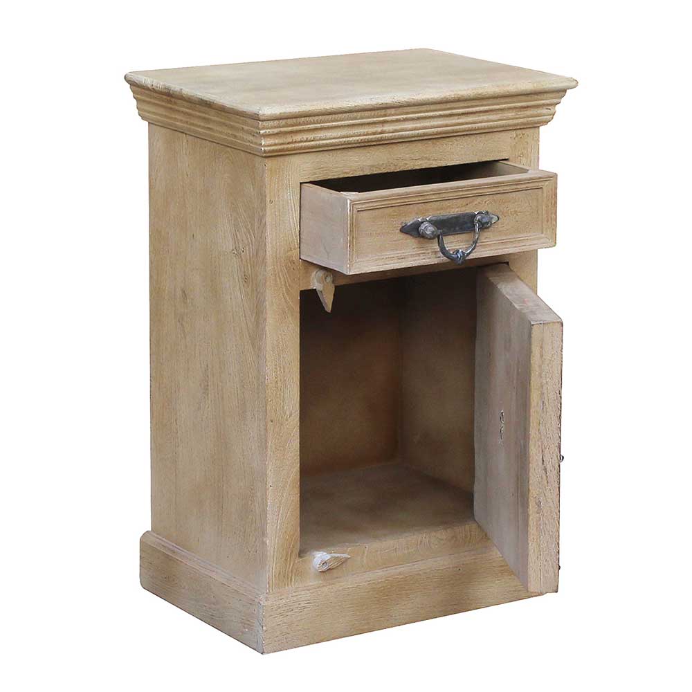 Shabby Chic Kommode hellbraun aus Holz mit offener Schublade und Tür – Abid