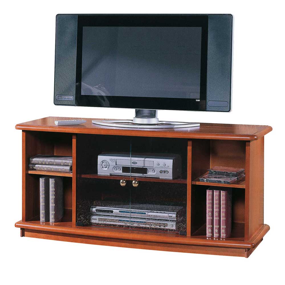 Klassische Kommode in Nussbaum Optik als TV-Möbel mit viel Stauraum und offenen Regalen im Wohnbereich – Mocino