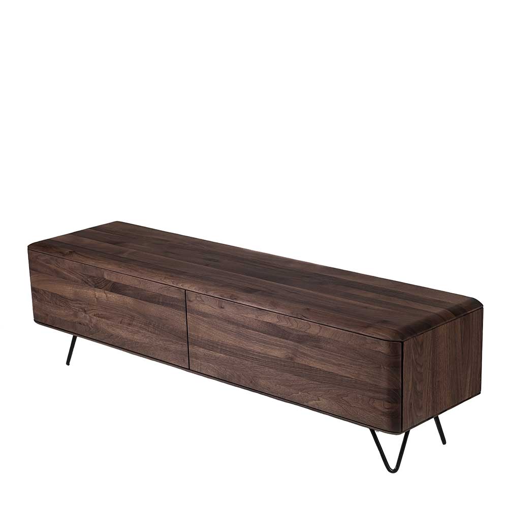 Retro Lowboard aus Nussbaum Massivholz mit zwei Schubladen und schwarzen Metallfüßen für das Wohnzimmer – Rivossa