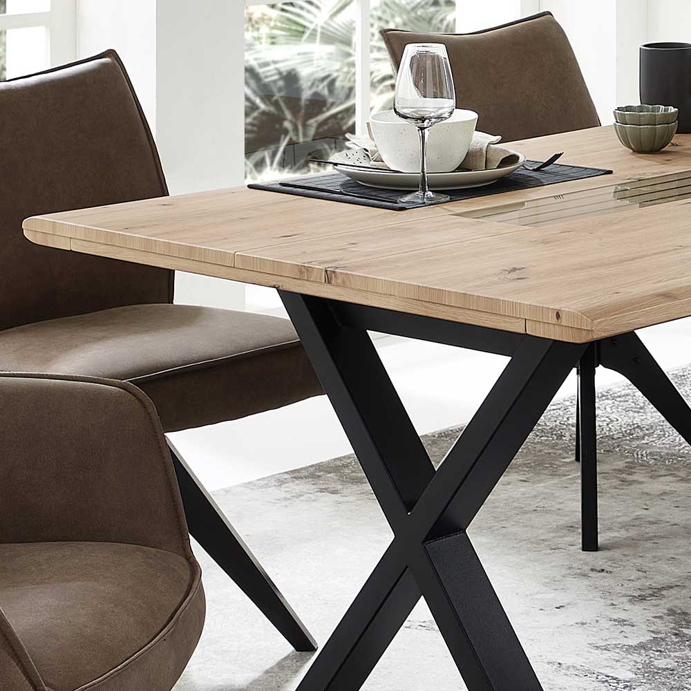 Siebenteiliges Esszimmer Set mit Holztisch und braunen Drehstühlen im modernen Design – Niam