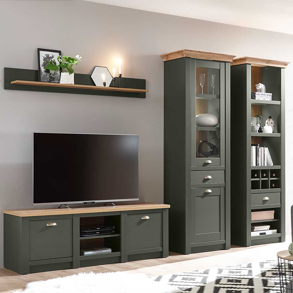 Vierteilige Anbauwand in Graugrün und Wildeiche mit Lowboard, Vitrine, Regal und Wandboard für das Wohnzimmer – Eylan