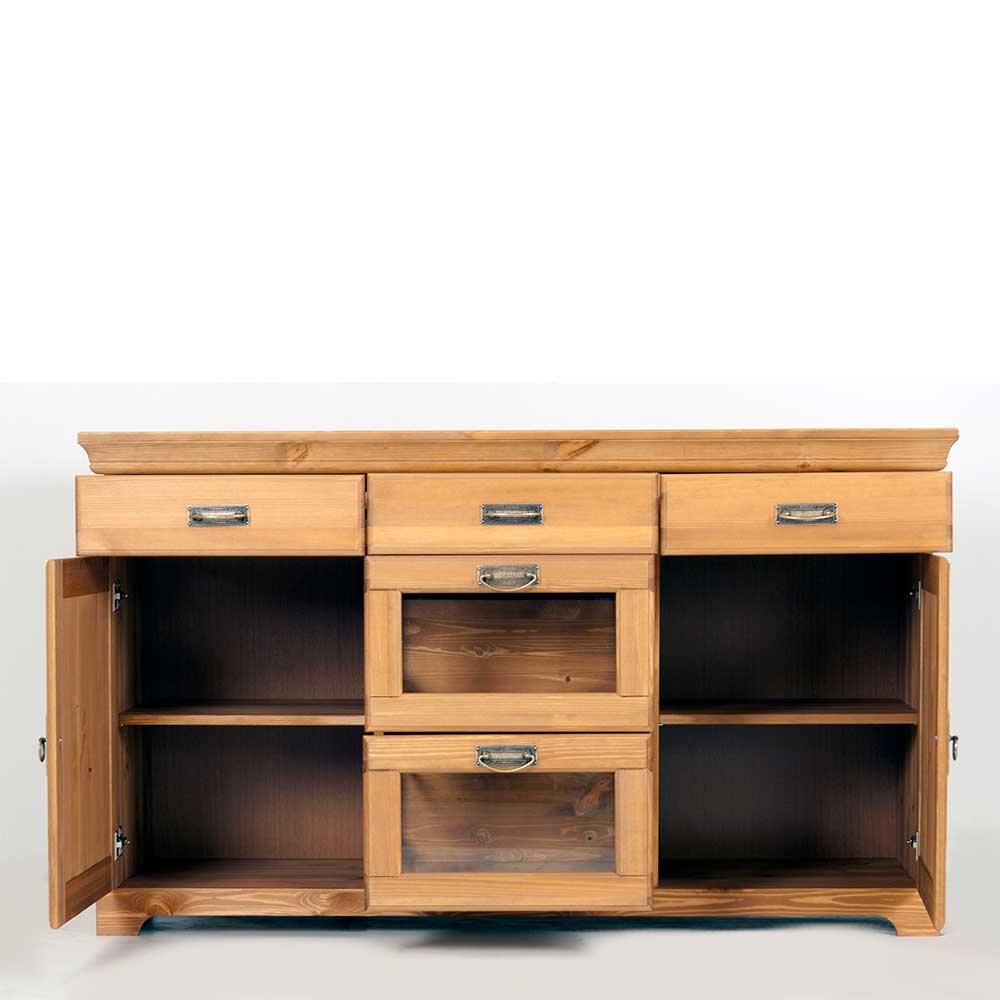 Braune Holzkommode mit drei Schubladen und zwei Türen, mittig zwei Glasfächer für das Esszimmer – Arendu