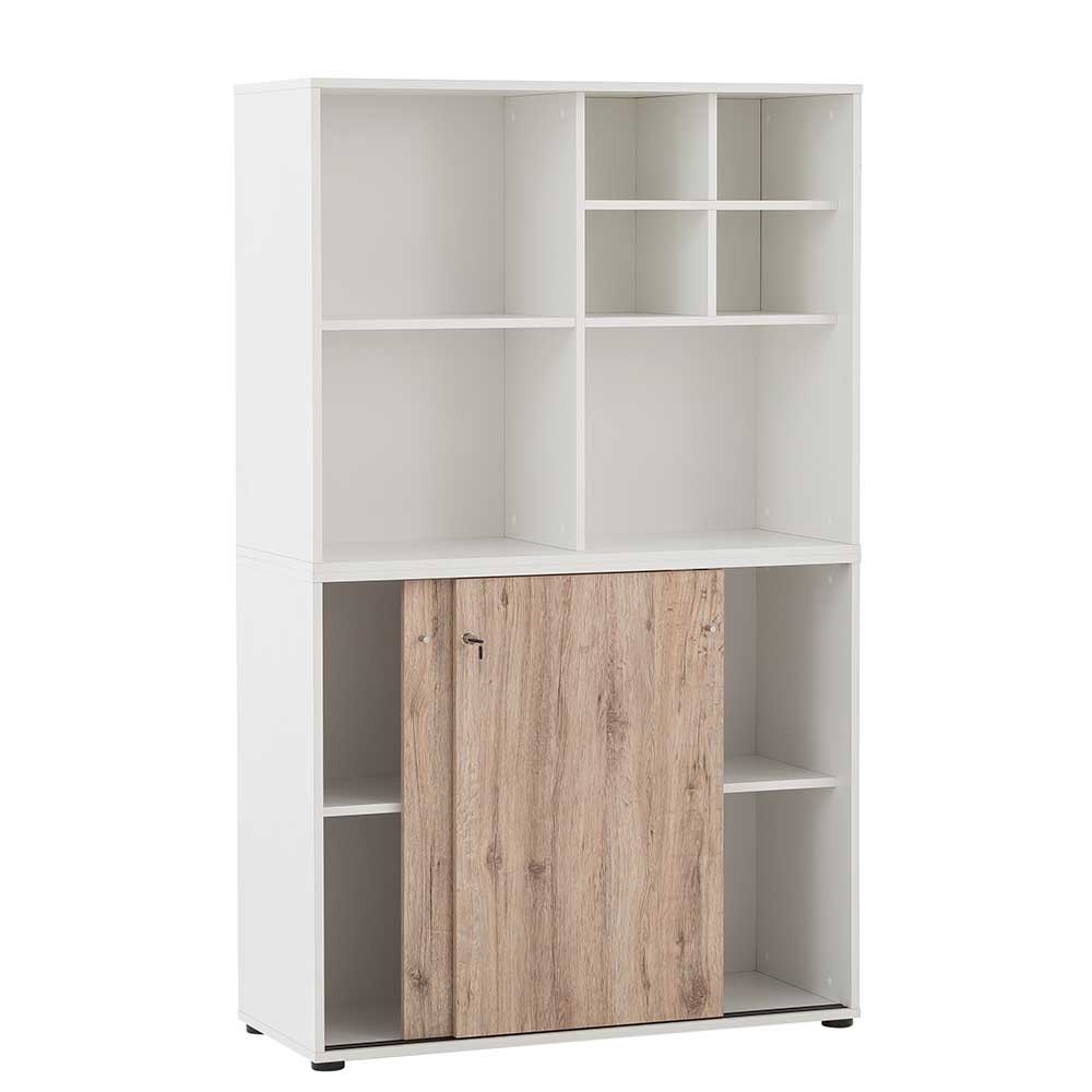 Moderner Aktenschrank weiß mit Schiebetüren in Holzoptik und offenen Regalen – Laganzo
