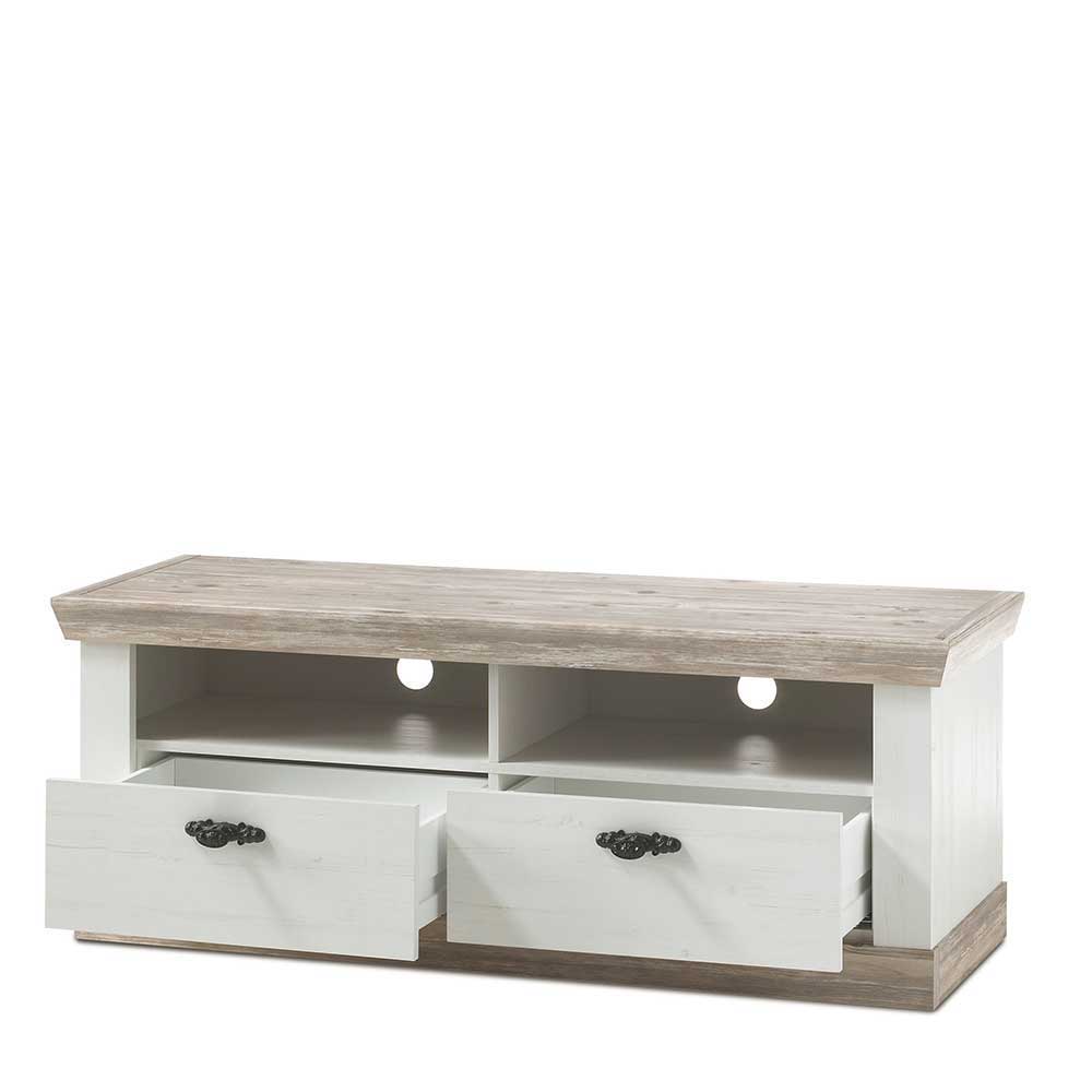Landhaus TV Element in Weiß & Pinie Shabby Nedita mit 2 Schubladen