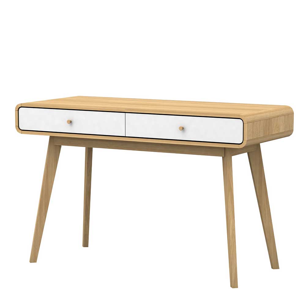 Schreibtisch 120x50 cm in Naturfarben Holz Optik mit zwei geschlossenen weißen Schubladen – Jendren